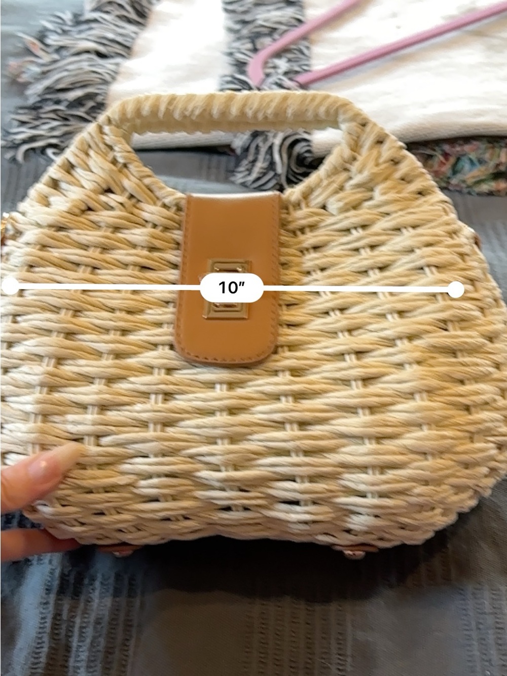 Woven Mini Top-Handle Bag in Natural with Tan Trim - Picture 5 of 5